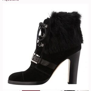 Aquatalia Grandly Suede-Rabbit Fur Lace-Up Boot Black made in Italy size 10
